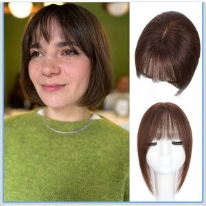 Natural Hair Topper Real Human Hair,Wispy Bangs,ShortLightweight,#2 Dark Brown)